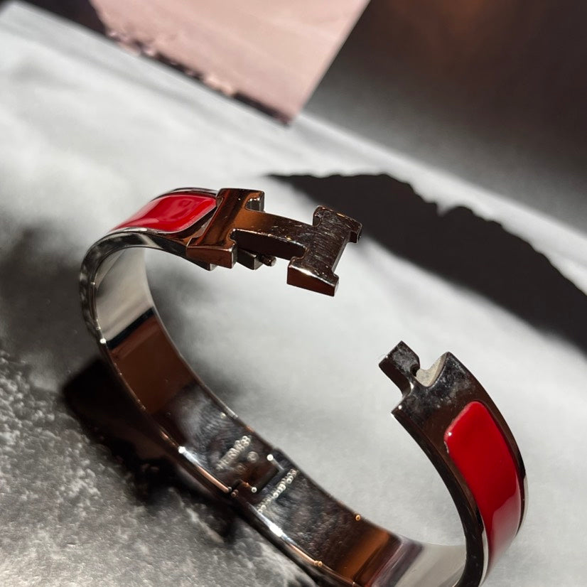 Hermes Clic Clac H Bracelet Red Silver Plated Jewelry