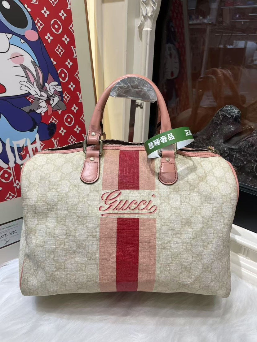 Gucci Boston Bag in Beige Canvas with Pink Stripes - Preloved Handbag
