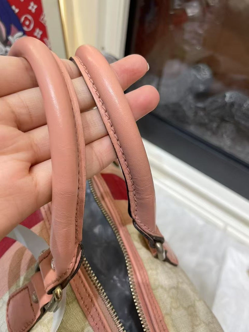 Gucci Boston Bag in Beige Canvas with Pink Stripes - Preloved Handbag