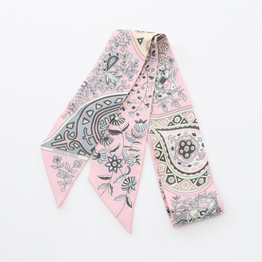 HERMES Twilly L Arbre De Vie Silk Ribbon Scarf Pink Multicolor 958813