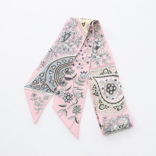 HERMES Twilly L Arbre De Vie Silk Ribbon Scarf Pink Multicolor 958813