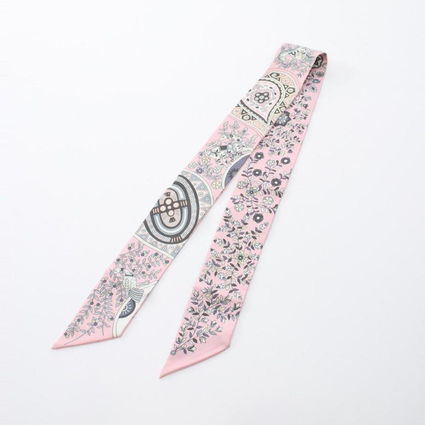 HERMES Twilly L Arbre De Vie Silk Ribbon Scarf Pink Multicolor 958813
