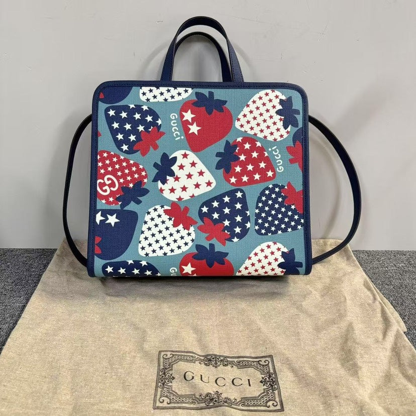 Gucci Preloved MY2-14 Tote Bag - Blue Canvas, Strawberry Pattern