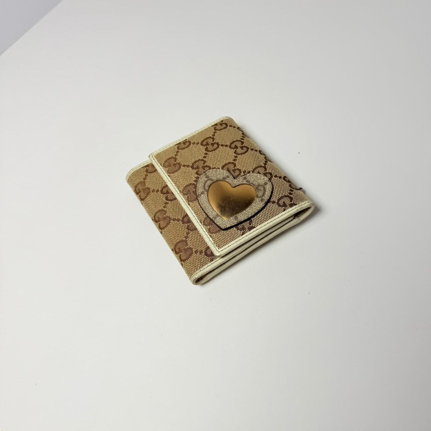 Gucci GG Monogram Beige Canvas Wallet with Heart Detail