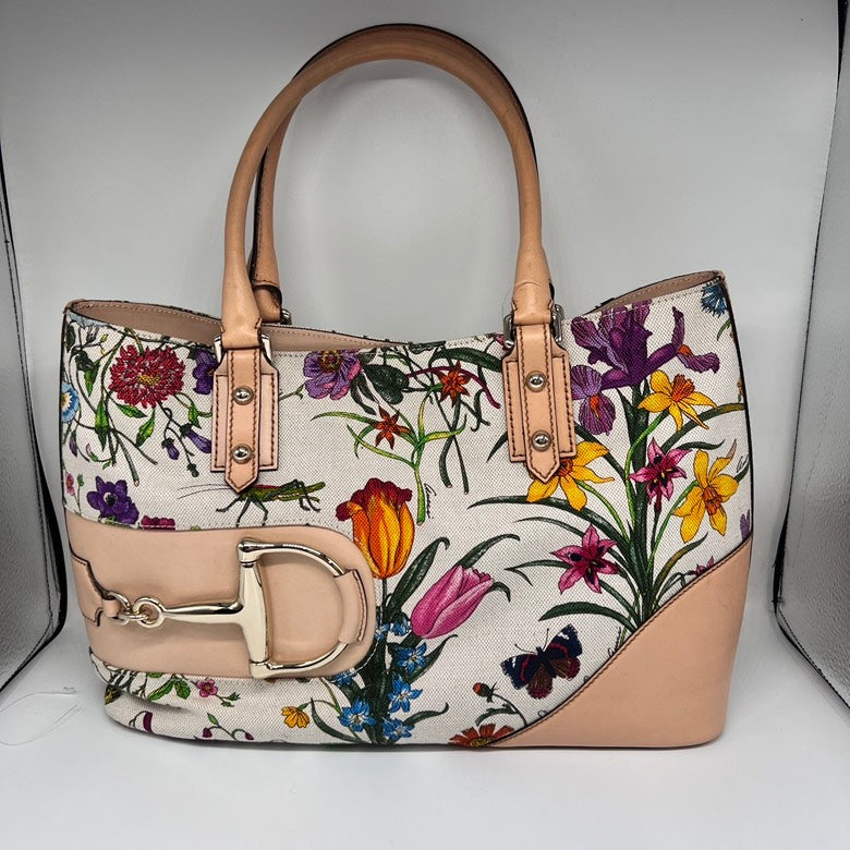 Gucci Preloved Z1521 Canvas & Leather Floral Tote Bag