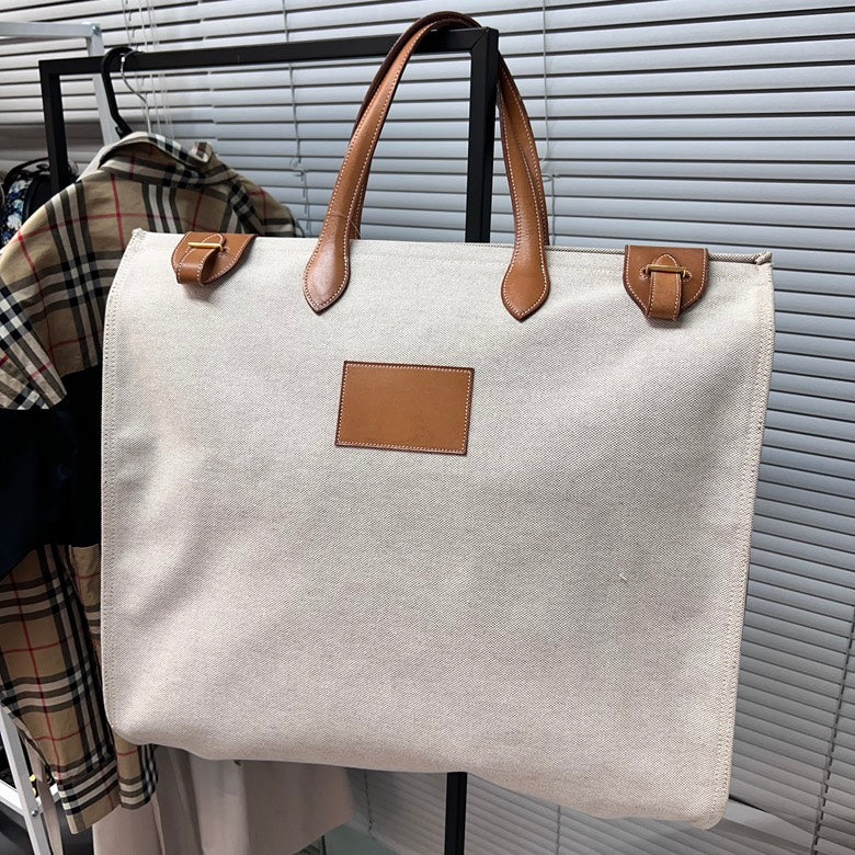 Hermes Preloved Canvas & Leather Handbag Beige Satchel