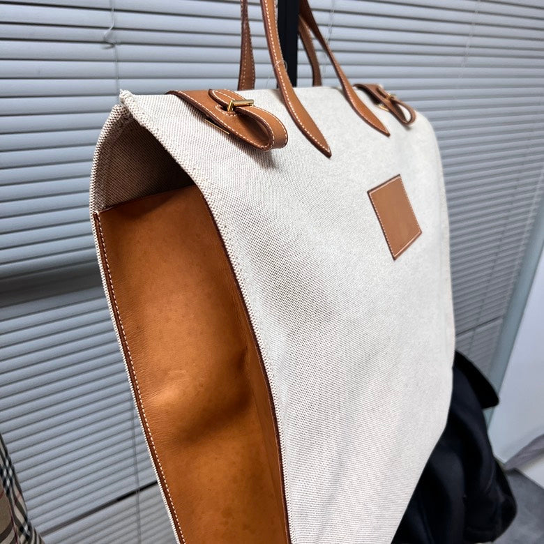 Hermes Preloved Canvas & Leather Handbag Beige Satchel