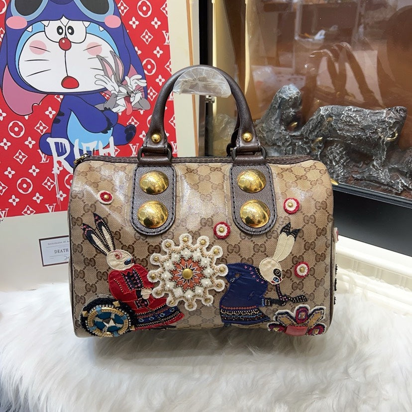 Gucci Boston Bag Beige Canvas Satchel with Embroidered Rabbits