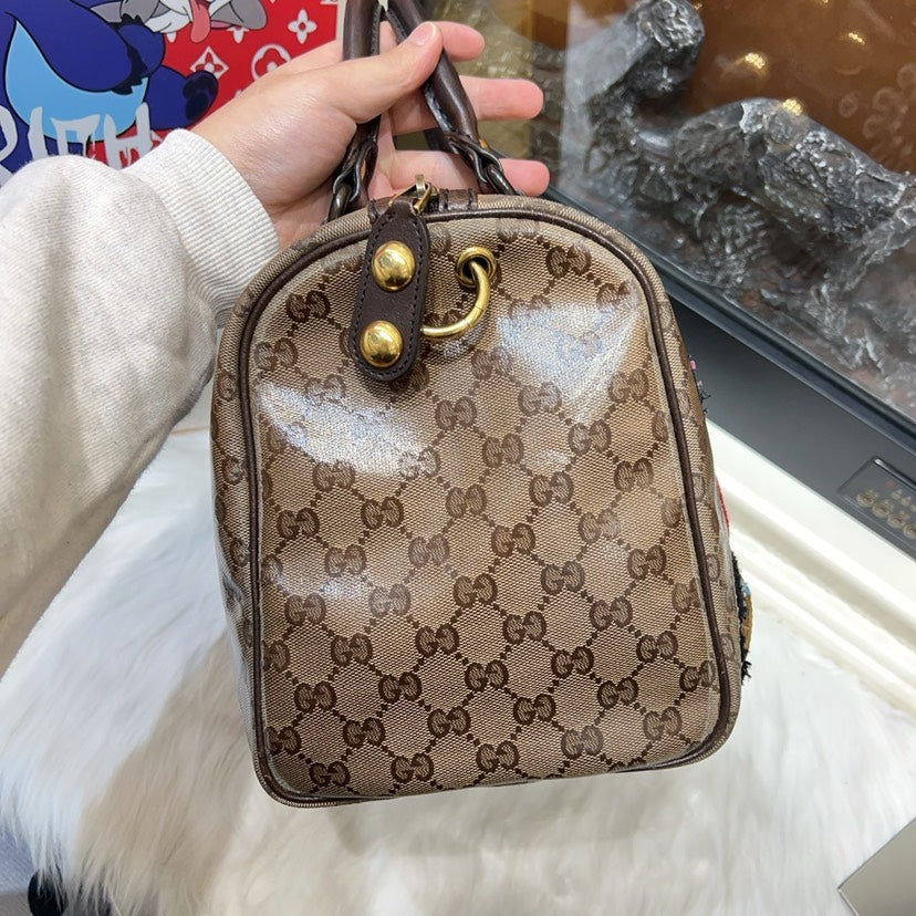 Gucci Boston Bag Beige Canvas Satchel with Embroidered Rabbits