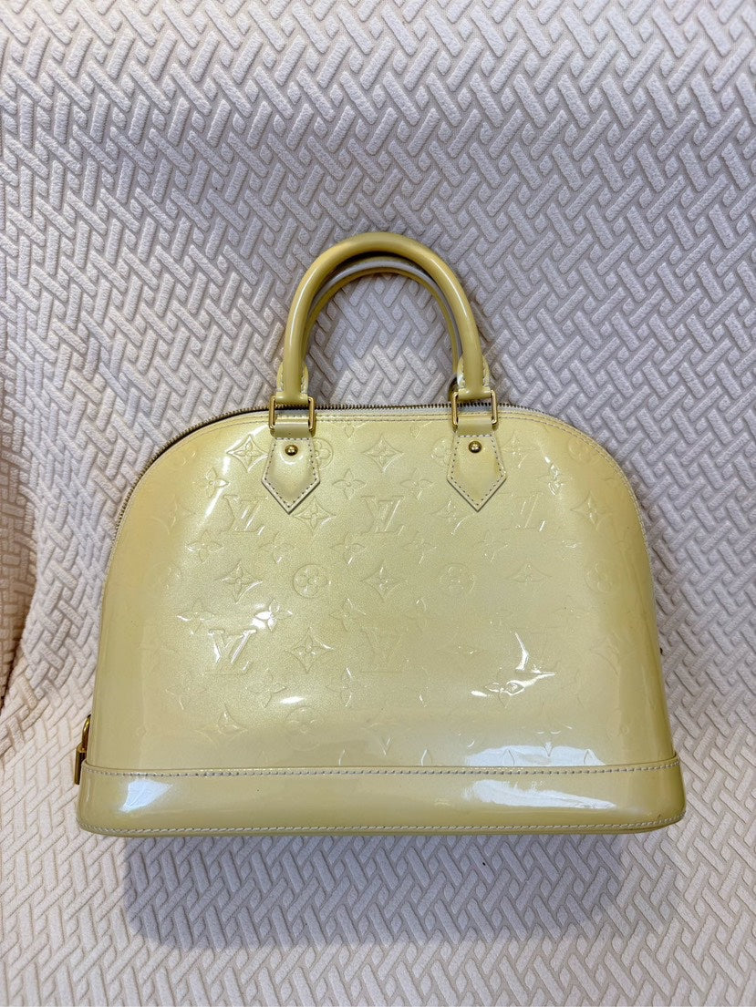 Louis Vuitton Alma PM Bag Yellow Patent Leather Top Handle Bag