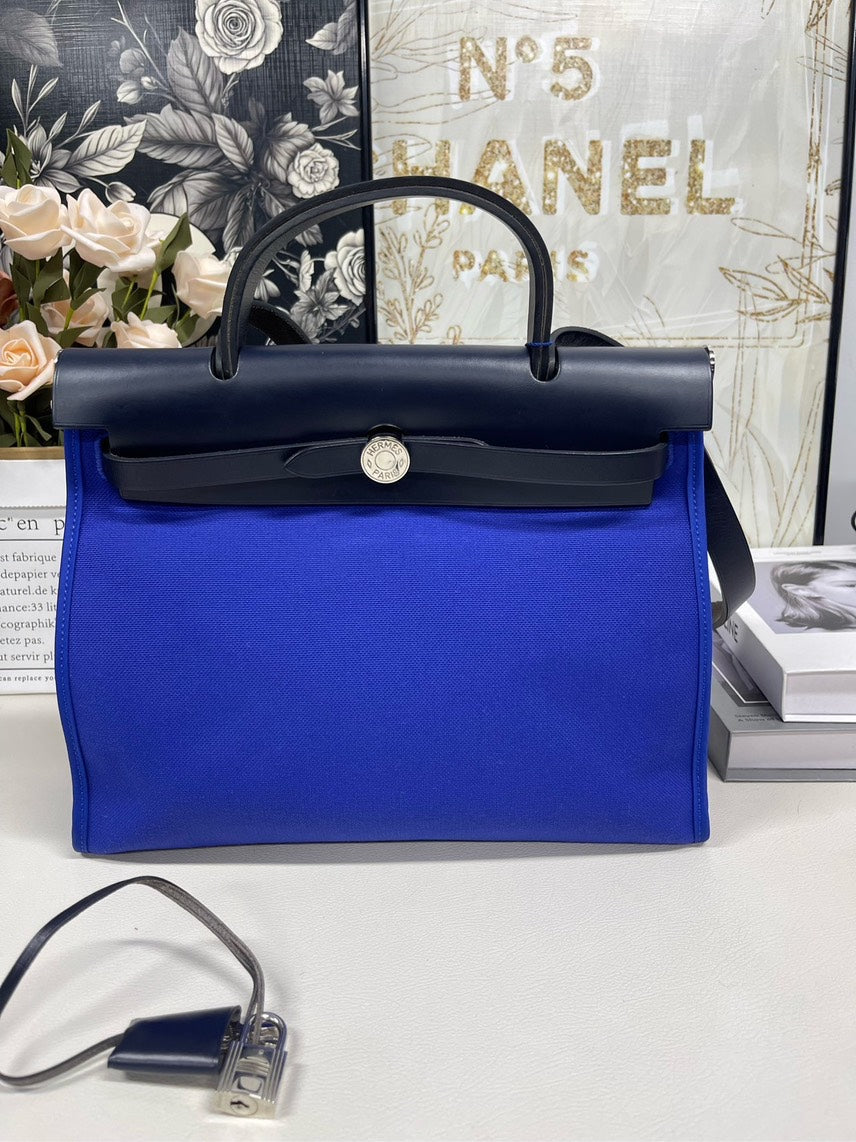 Hermes Preloved Herbag31 Blue Canvas Satchel Bag