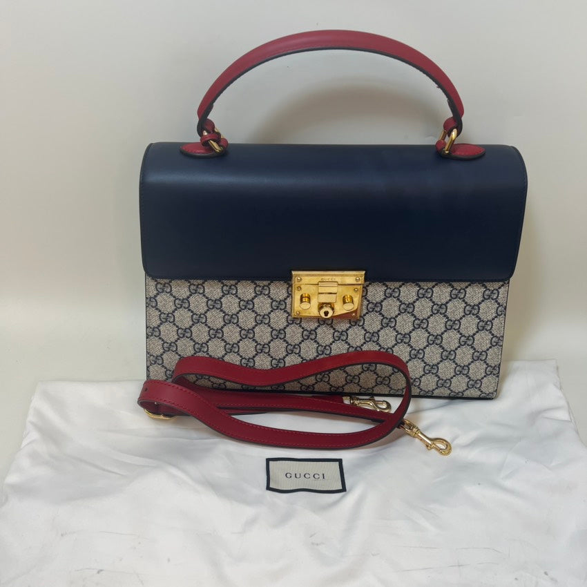 Gucci Padlock Shoulder Bag Navy Blue/Red Leather Canvas