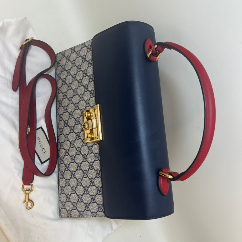 Gucci Padlock Shoulder Bag Navy Blue/Red Leather Canvas