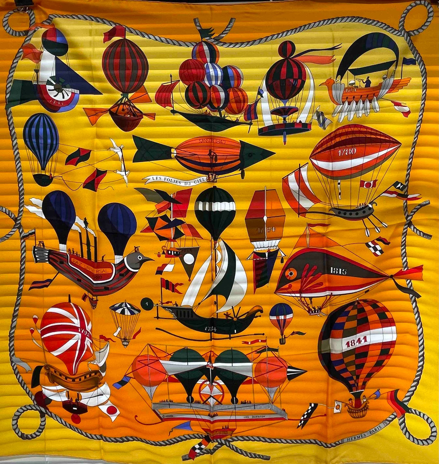 Hermes Silk Scarf JT160 Les Folies du Ciel Yellow Scarves and Shawls