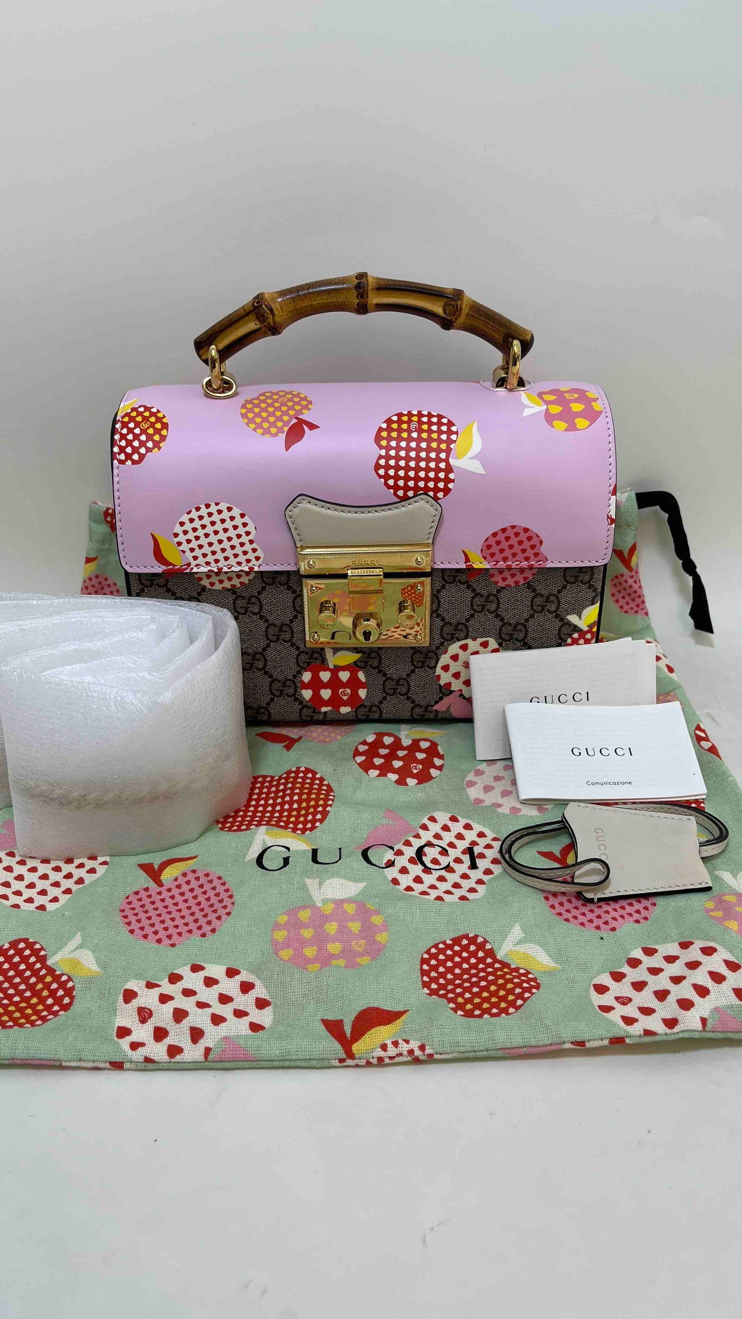 Gucci GG Supreme Pink and Beige Bamboo Handle Top Handle Bag