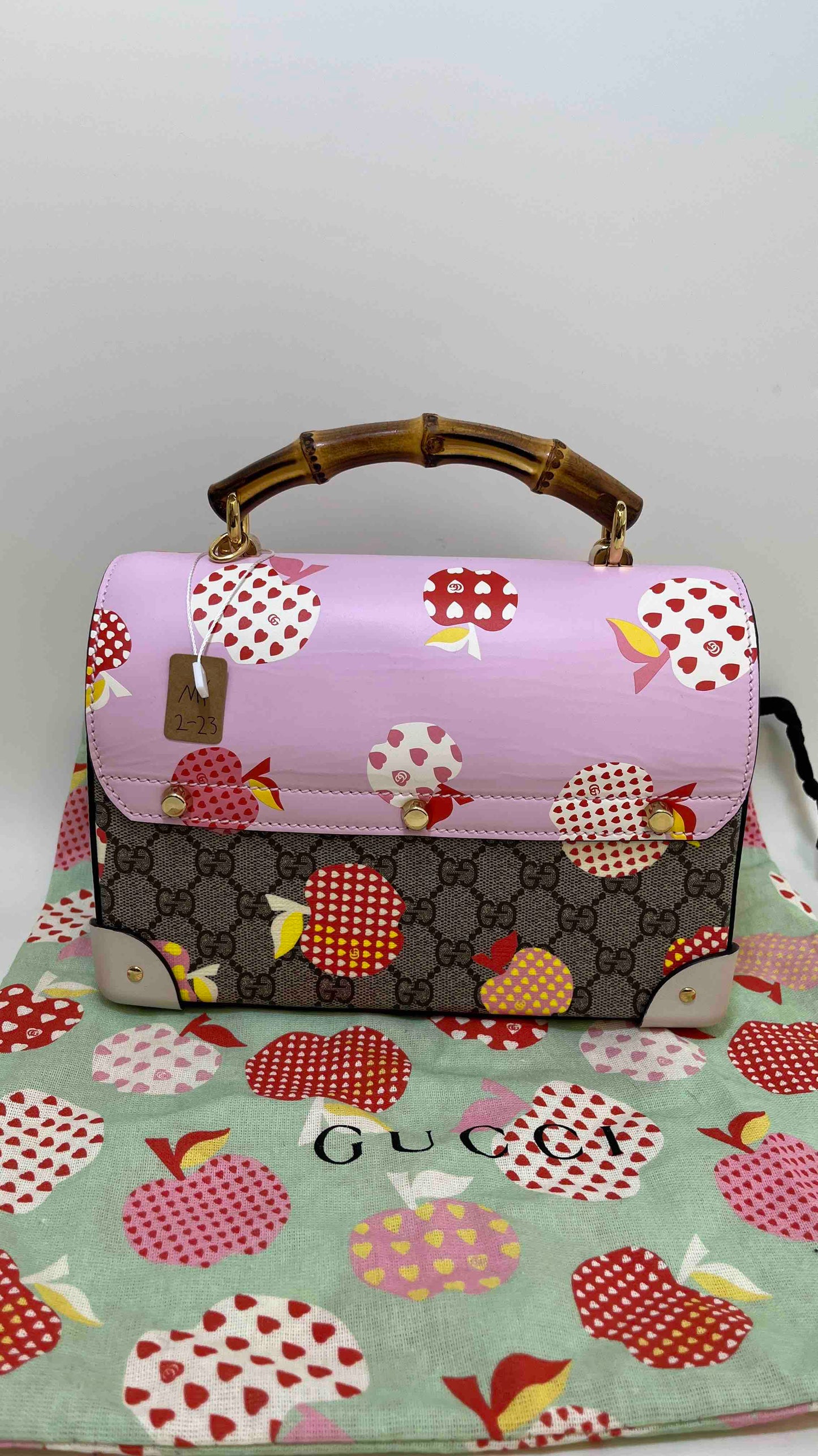 Gucci GG Supreme Pink and Beige Bamboo Handle Top Handle Bag