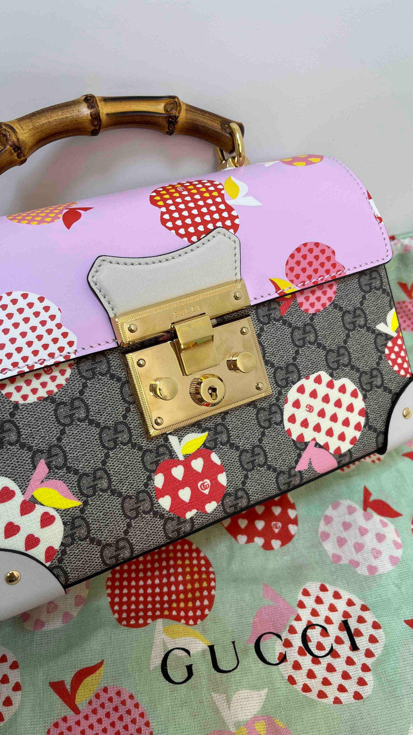 Gucci GG Supreme Pink and Beige Bamboo Handle Top Handle Bag