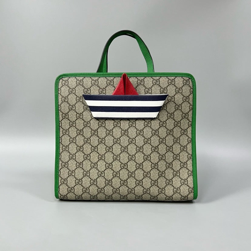 Gucci Kids GG Monogram Beige Green Tote Bag 28x25x10cm XJ10689