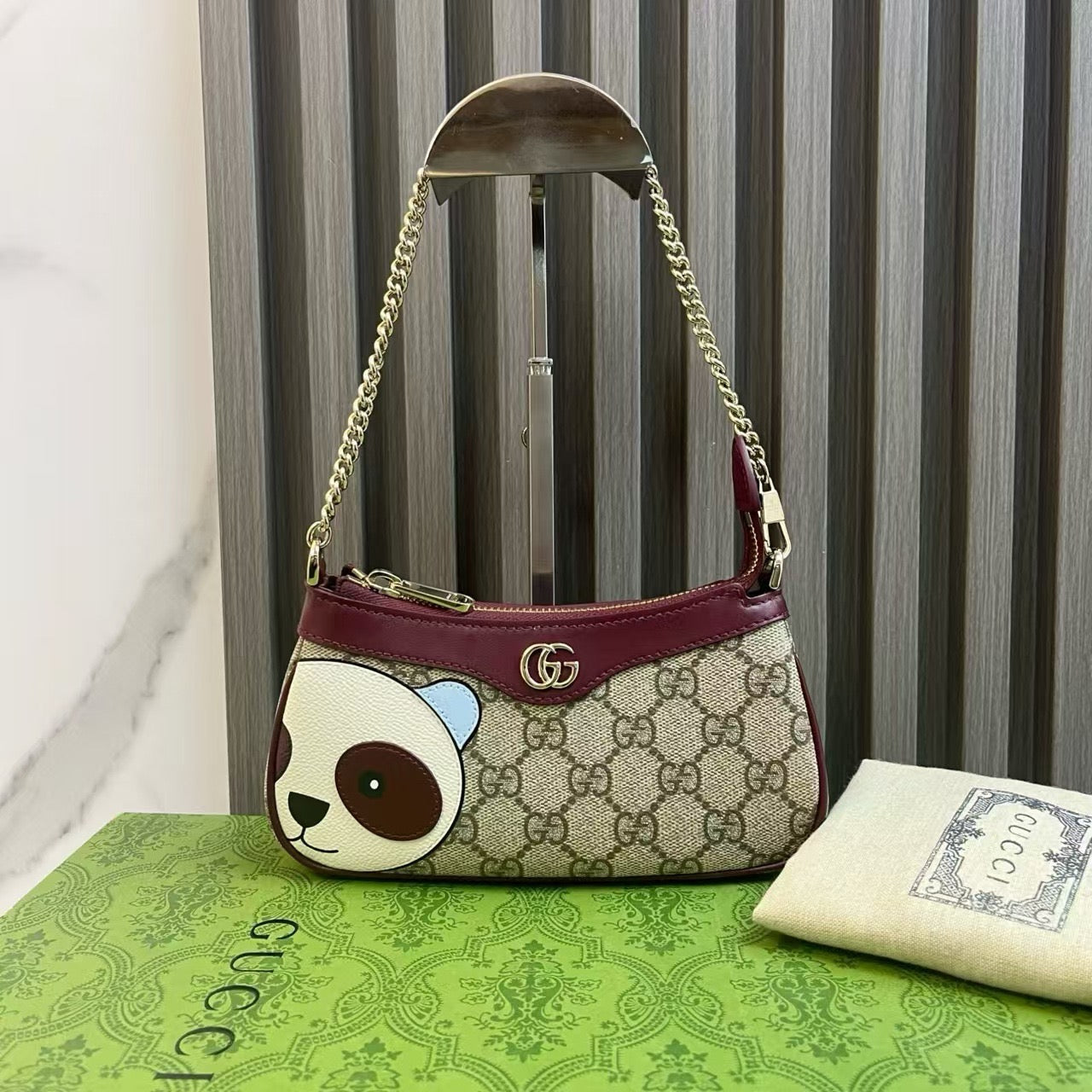 Gucci GG Marmont Panda Pattern Burgundy Leather Shoulder Bag