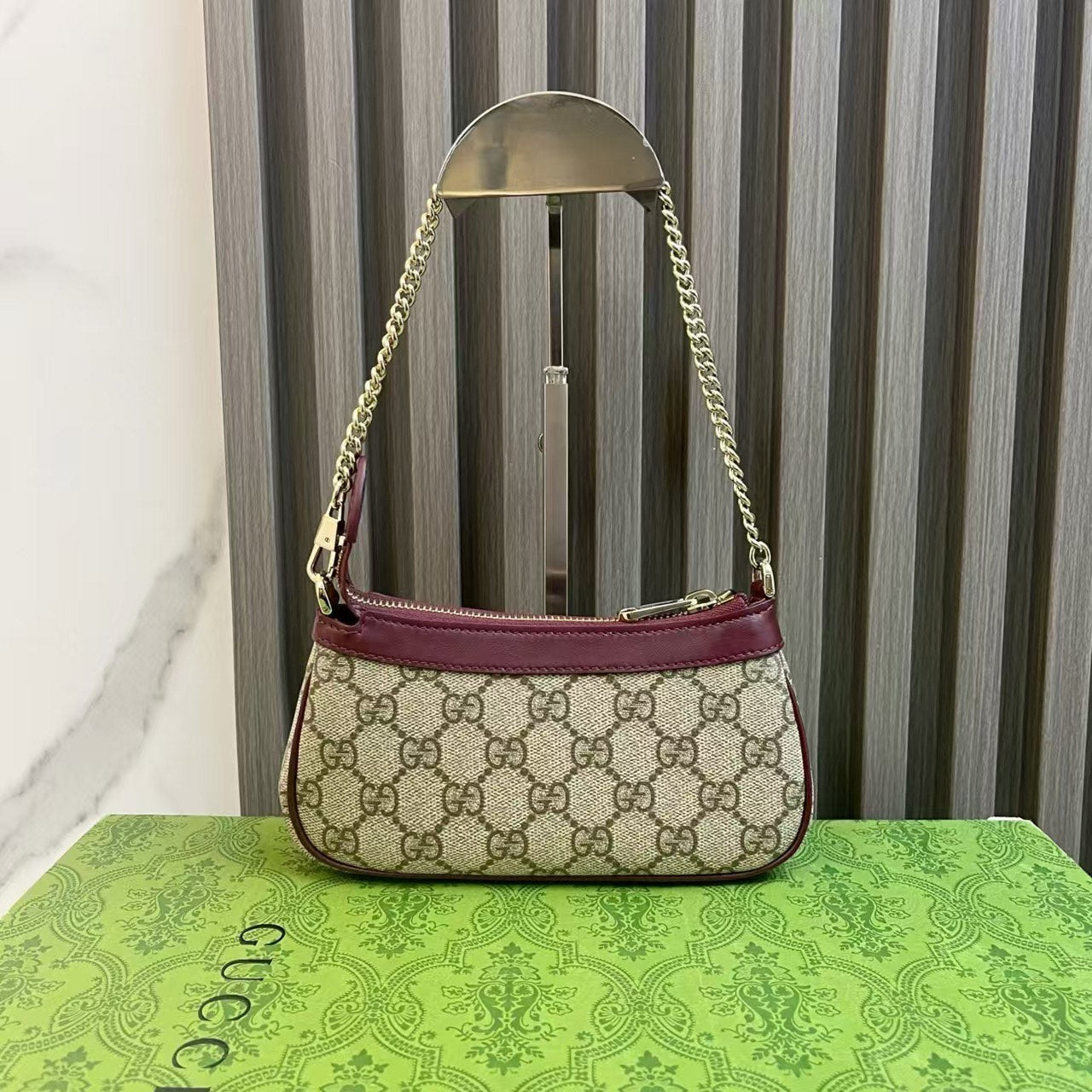 Gucci GG Marmont Panda Pattern Burgundy Leather Shoulder Bag