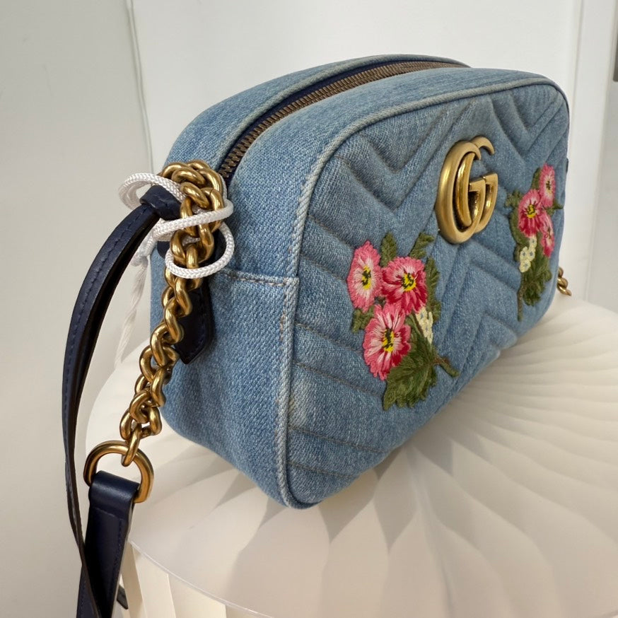 Gucci GG Marmont Denim Camera Bag LA24848 Blue Crossbody