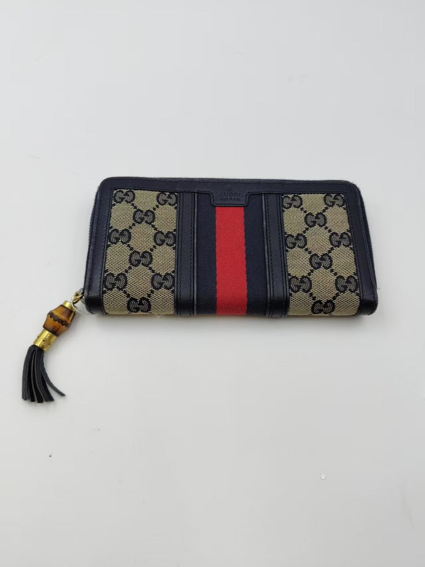 Gucci Preloved GG Supreme Web Stripe Beige Canvas and Black Leather Wallet