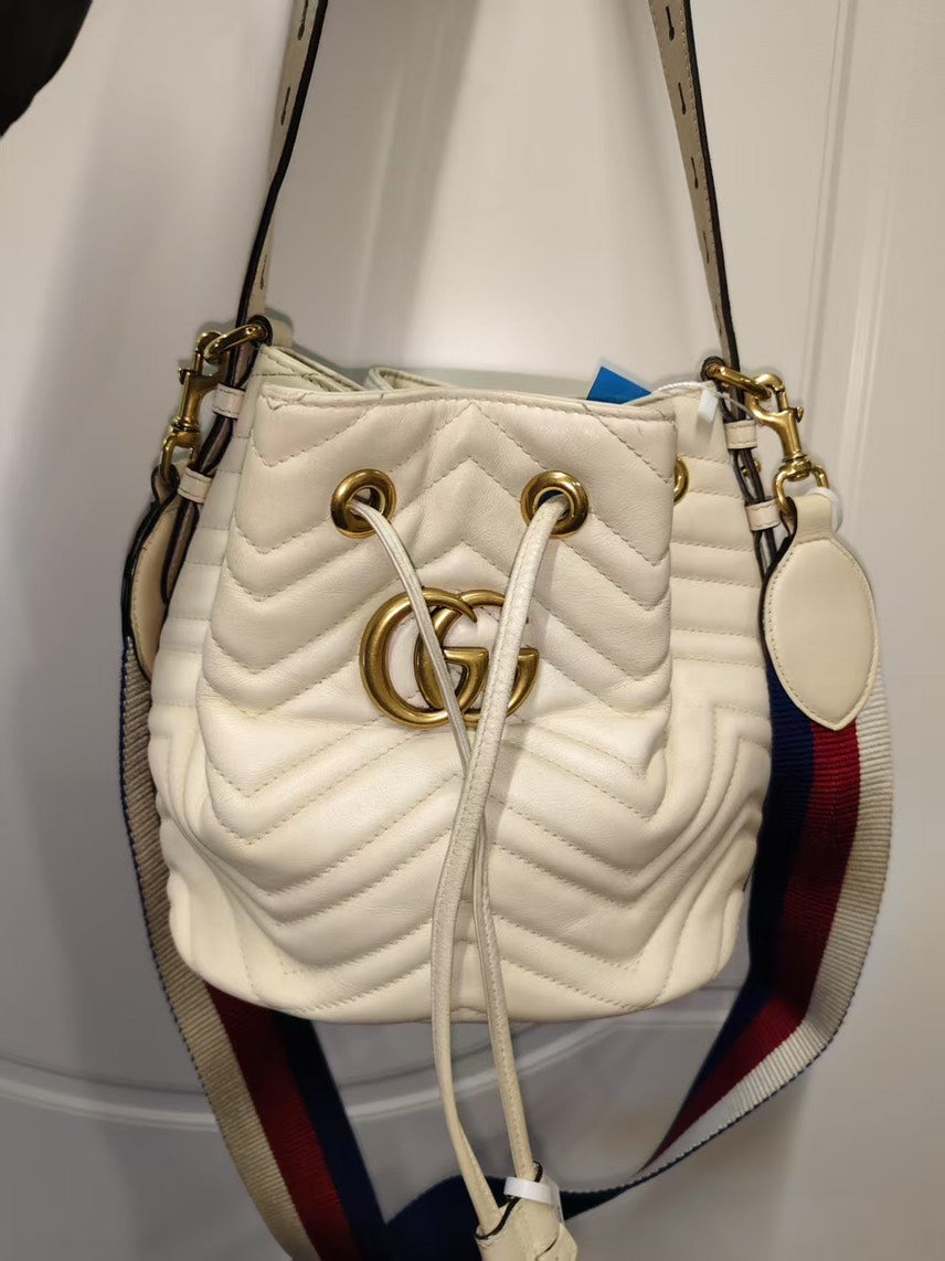 Gucci GG Marmont White Bucket Bag Drawstring