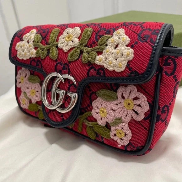 Gucci Monogram Multicolor Super Mini GG Marmont in Red with Floral Embroidery