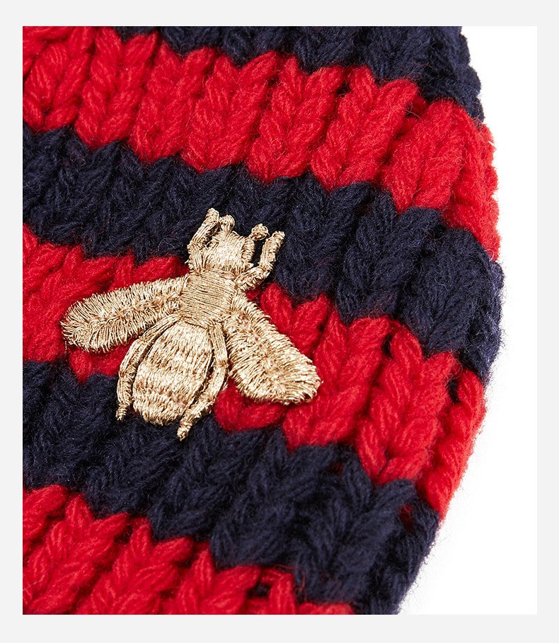 Gucci Red and Blue Beanie Hat with Gold Bee