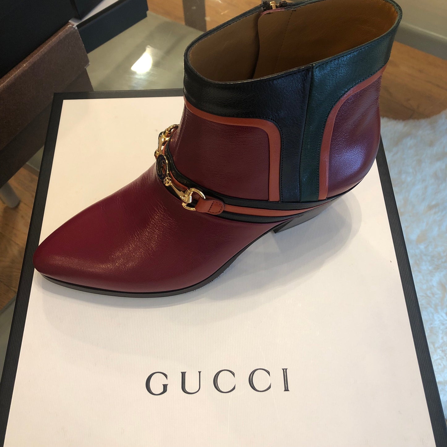 Gucci Ankle Boots in Burgundy with Hunter Green Trim