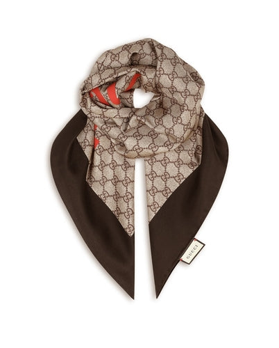 Gucci GG Boutique Print Scarf In Beige and Dark Brown
