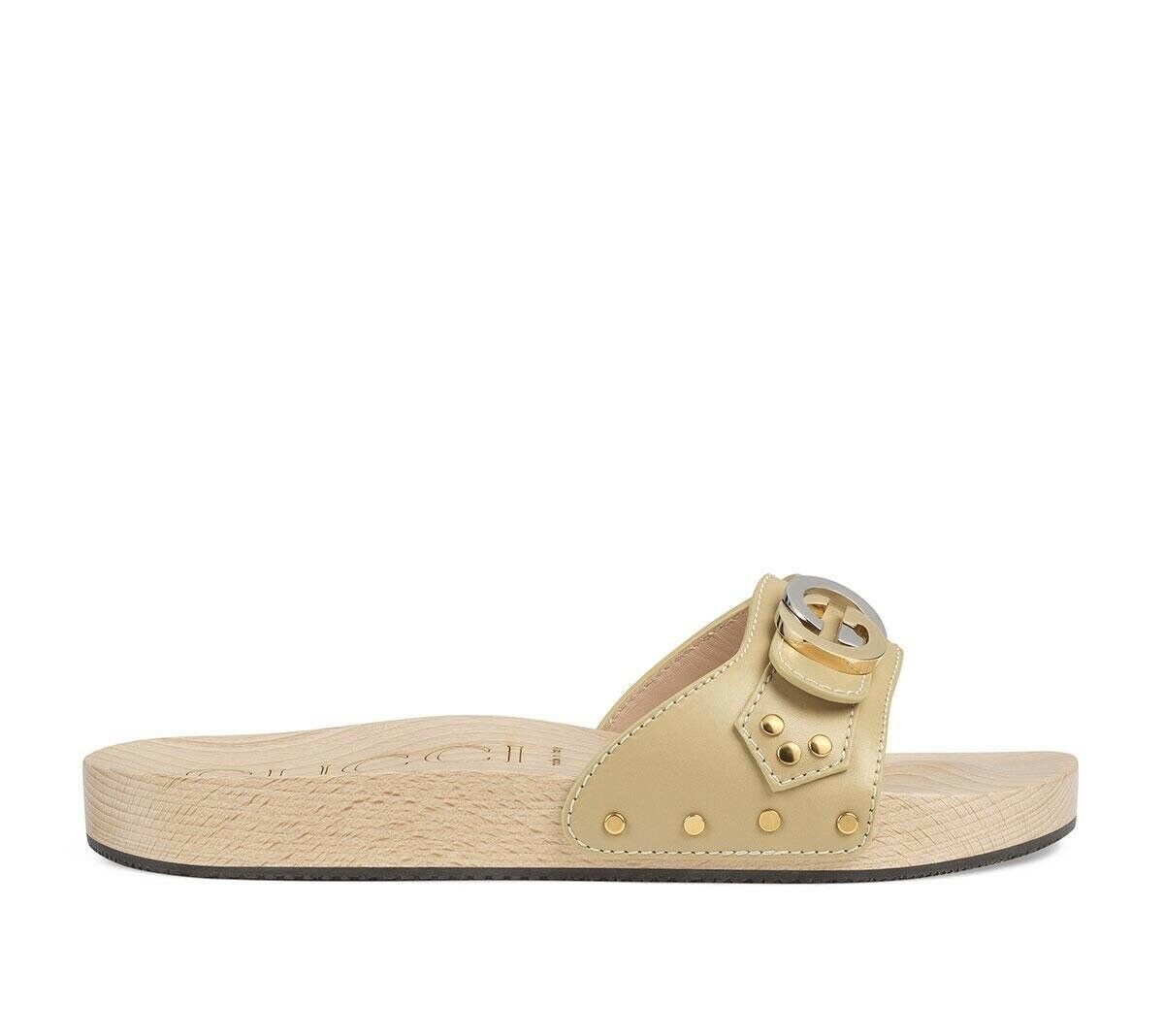 Gucci GG Lifford Wooden Slide Sandals in Beige
