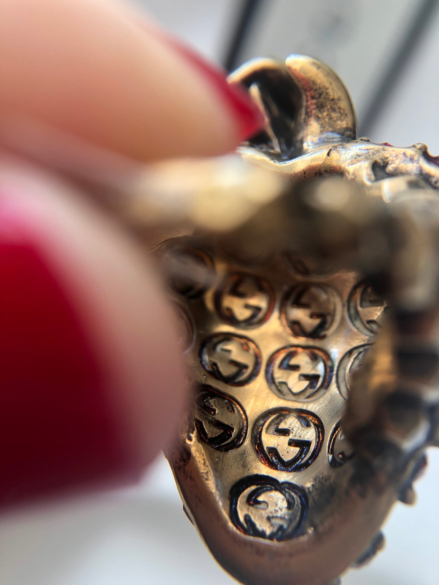 Gucci Strawberry Ring in Antique Gold with Red Crystals