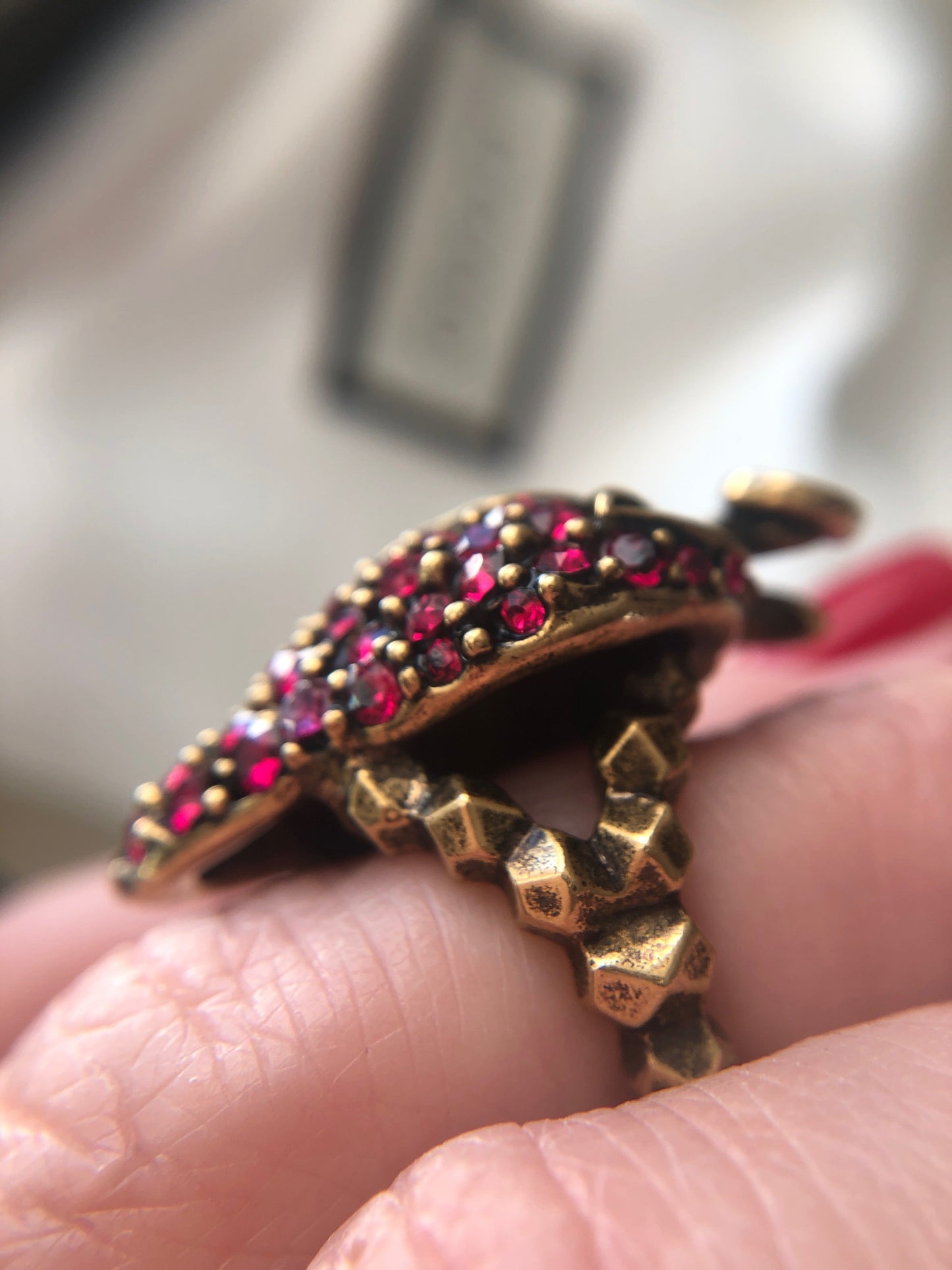 Gucci Strawberry Ring in Antique Gold with Red Crystals