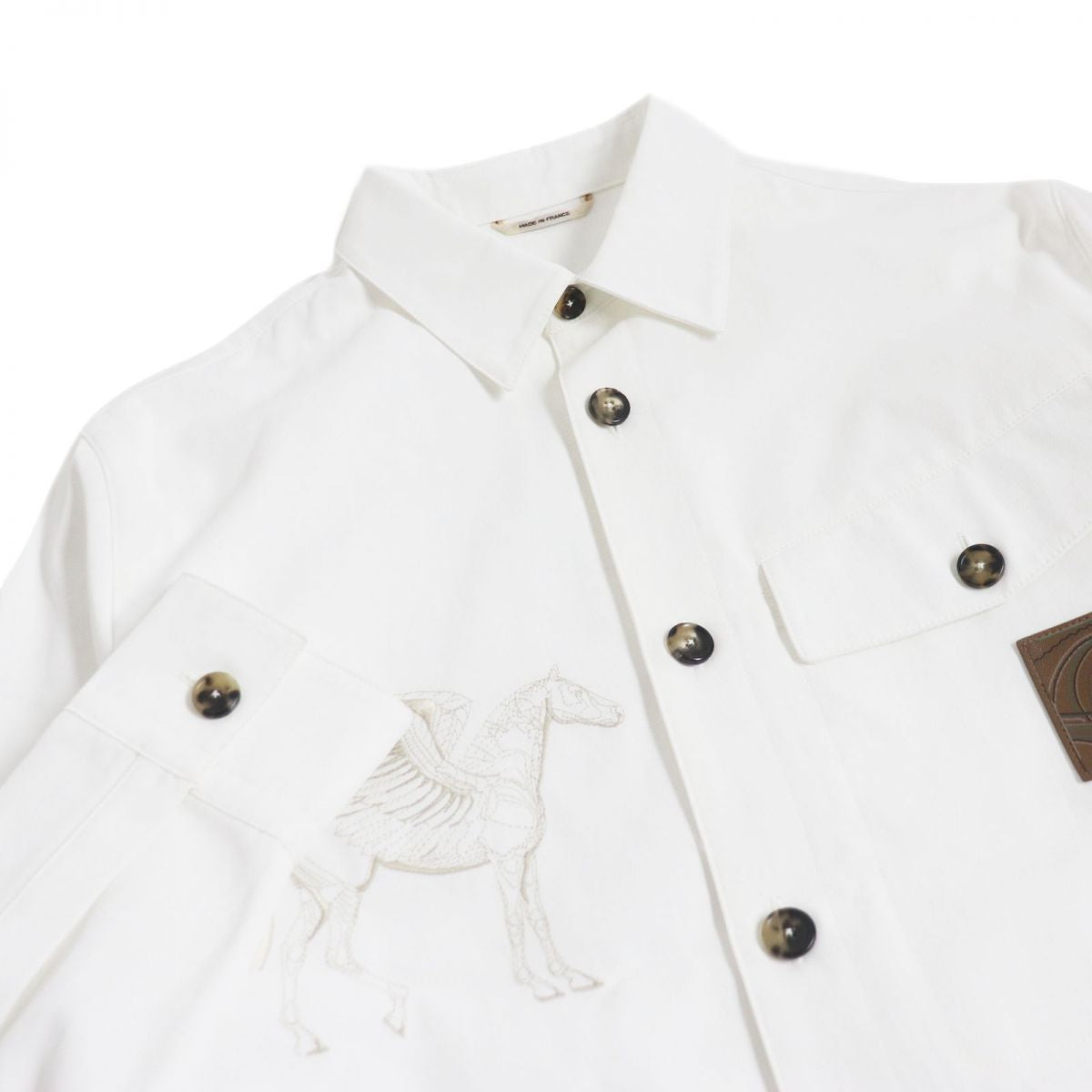 HERMES Long sleeve shirt Main: 54% rayon, Main: 46% cotton, Leather part: cowhide, Part: 100% cotton white mens 46 Used
