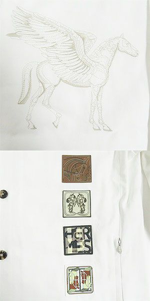 HERMES Long sleeve shirt Main: 54% rayon, Main: 46% cotton, Leather part: cowhide, Part: 100% cotton white mens 46 Used