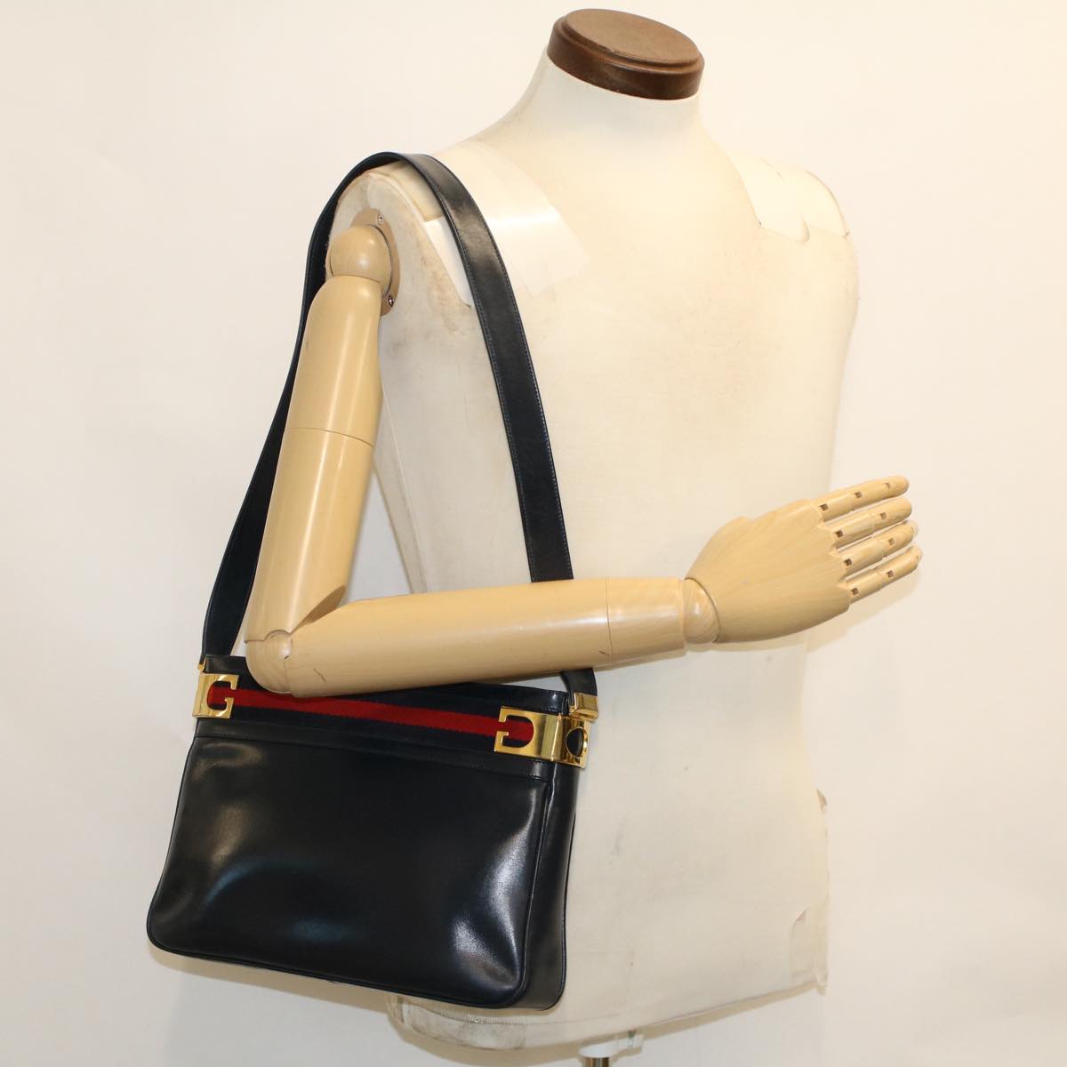 GUCCI Sherry Line Shoulder Bag Leather Navy Red  th3837