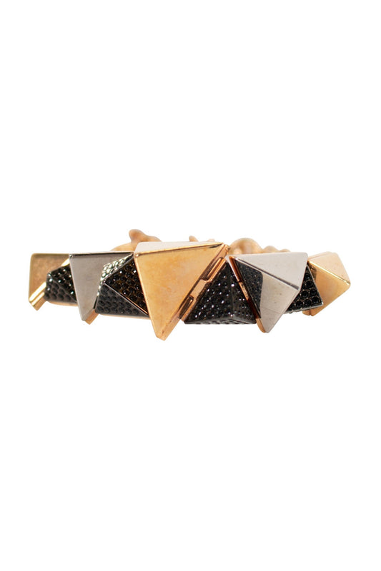 LOUIS VUITTON Gold, silver and black crystal bracelet with connecting pyramids and clip fastening with LV branding