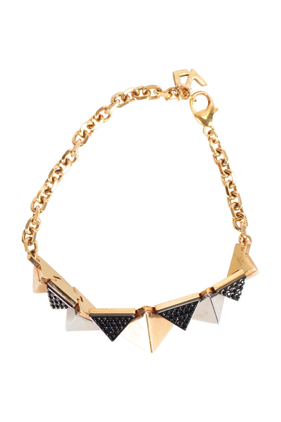 LOUIS VUITTON Gold, silver and black crystal bracelet with connecting pyramids and clip fastening with LV branding