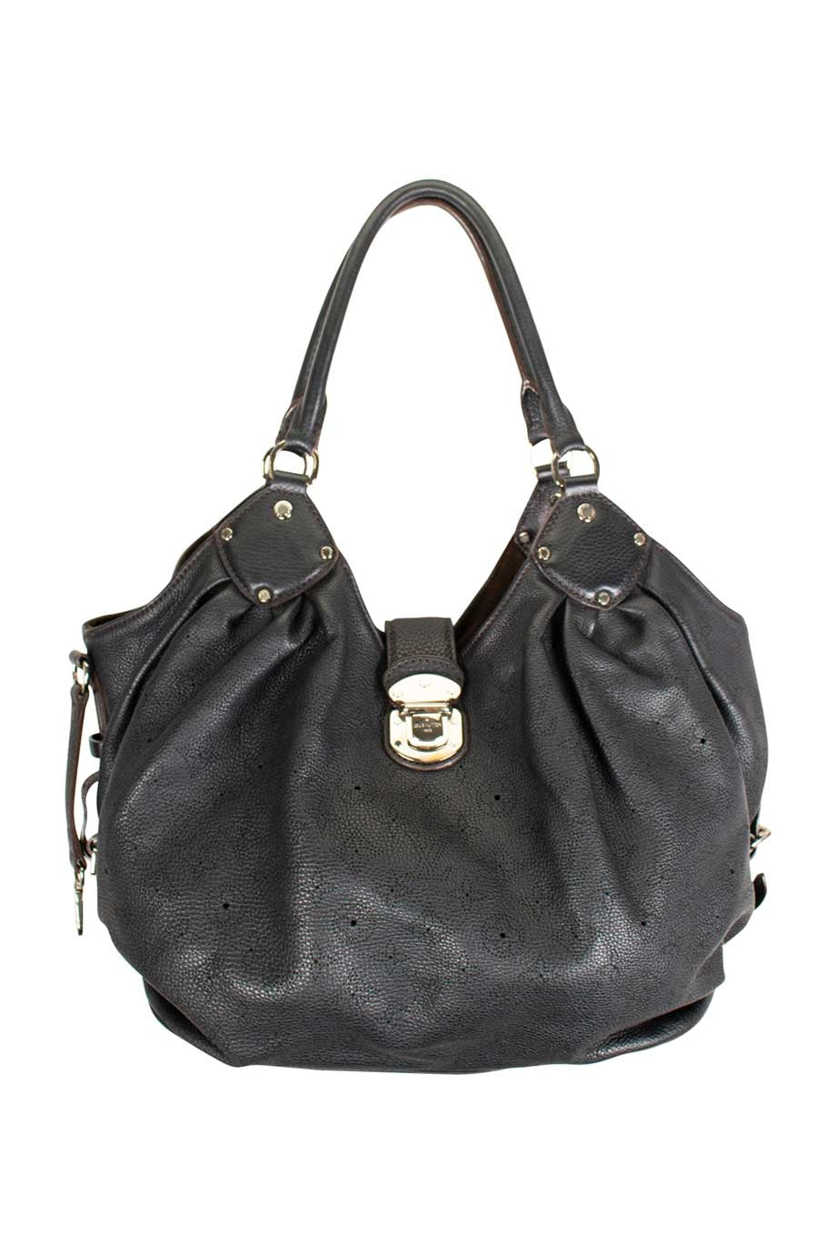 LOUIS VUITTON Black leather 'Mahina' slouchy shoulder bag with perforated monogram and silver-tone hardware