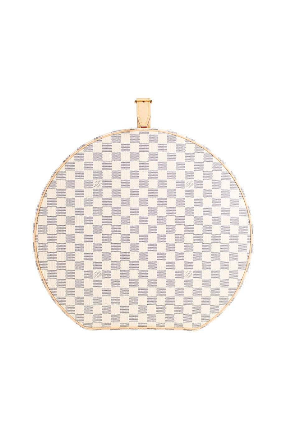 LOUIS VUITTON Damier Azur canvas Boite Chapeaux Hat Box 40 with natural cowhide leather, adjustable top handle and polished brass hardware.