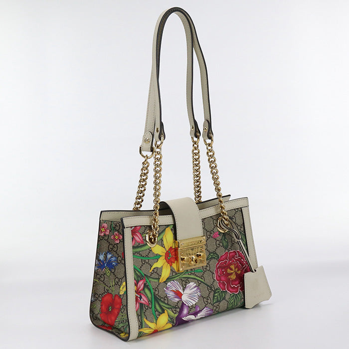 GUCCI 498156 Shoulder Bag Flora Padlock Small ChainShoulder Bag GG Supreme Canvas,leather beige Women