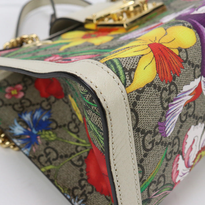 GUCCI 498156 Shoulder Bag Flora Padlock Small ChainShoulder Bag GG Supreme Canvas,leather beige Women