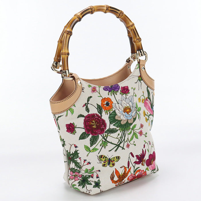 GUCCI 140203 Tote Bag Bamboo Flora Handbag Flower Botanical canvas ivory Women