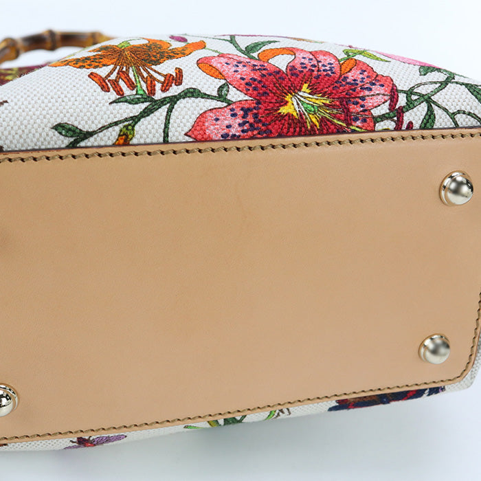 GUCCI 140203 Tote Bag Bamboo Flora Handbag Flower Botanical canvas ivory Women