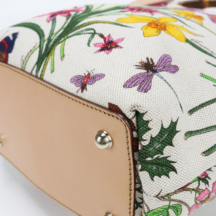 GUCCI 140203 Tote Bag Bamboo Flora Handbag Flower Botanical canvas ivory Women