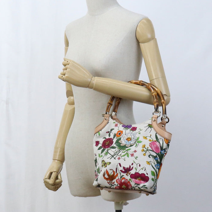 GUCCI 140203 Tote Bag Bamboo Flora Handbag Flower Botanical canvas ivory Women