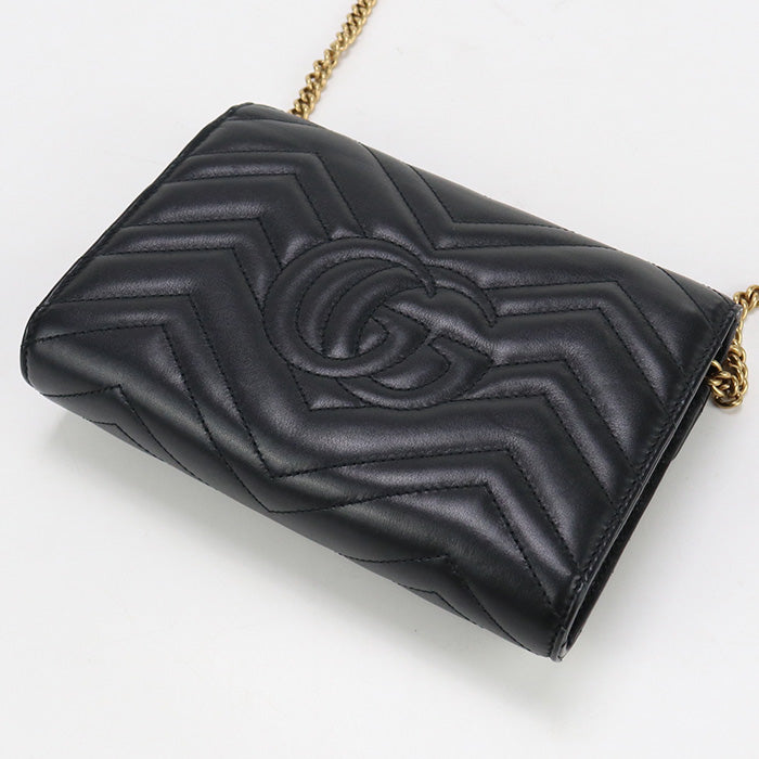 GUCCI 474575 DTD1T 1000 Long Wallet GG Marmont Flap Wallet.Chain Wallet Purse Quilted Leather black Women
