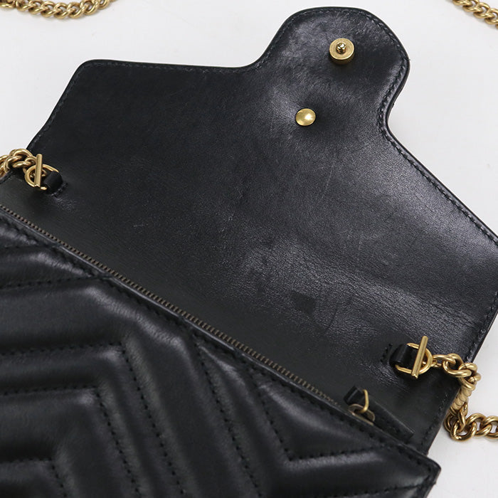 GUCCI 474575 DTD1T 1000 Long Wallet GG Marmont Flap Wallet.Chain Wallet Purse Quilted Leather black Women