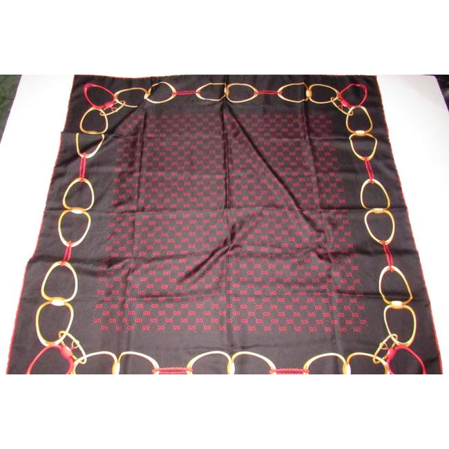 Gucci Black Gold Red Logo Xl And Equestrian Print Silk Scarf